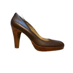 Ann Taylor LOFT Brown Wood Tone Platform Peep Toe Stacked Heels Size 7.5